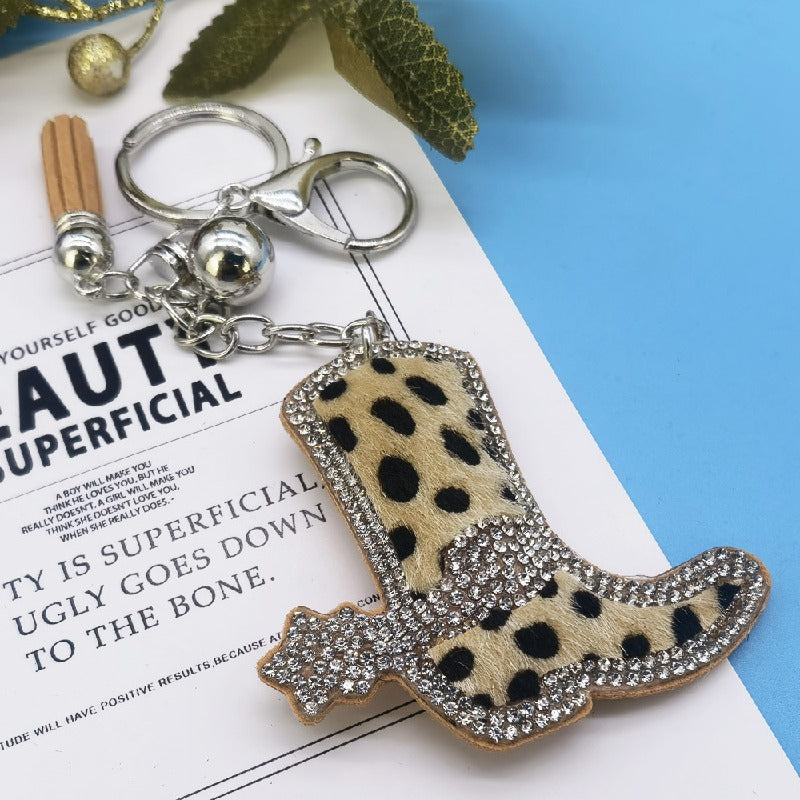 Leopard Print Boot Keychain Alloy Zinc Alloy Rhinestone Faux Fur 7cm 2