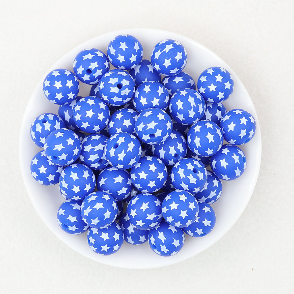 15mm US Themed Printed Silicone Round Beads 50pcs - Blue Star
