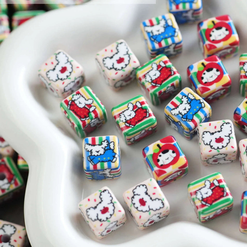 Square Acrylic Beads 13.5mm Cheerful Puppy Printed 10pcs