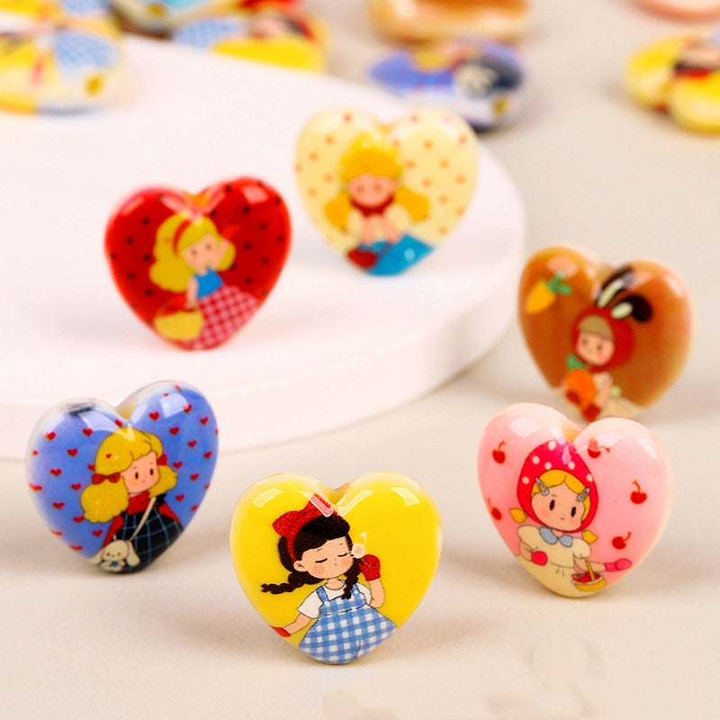 Double-Sided Heart Acrylic Beads 25mm Fairy Tale Girl Pattern 10pcs