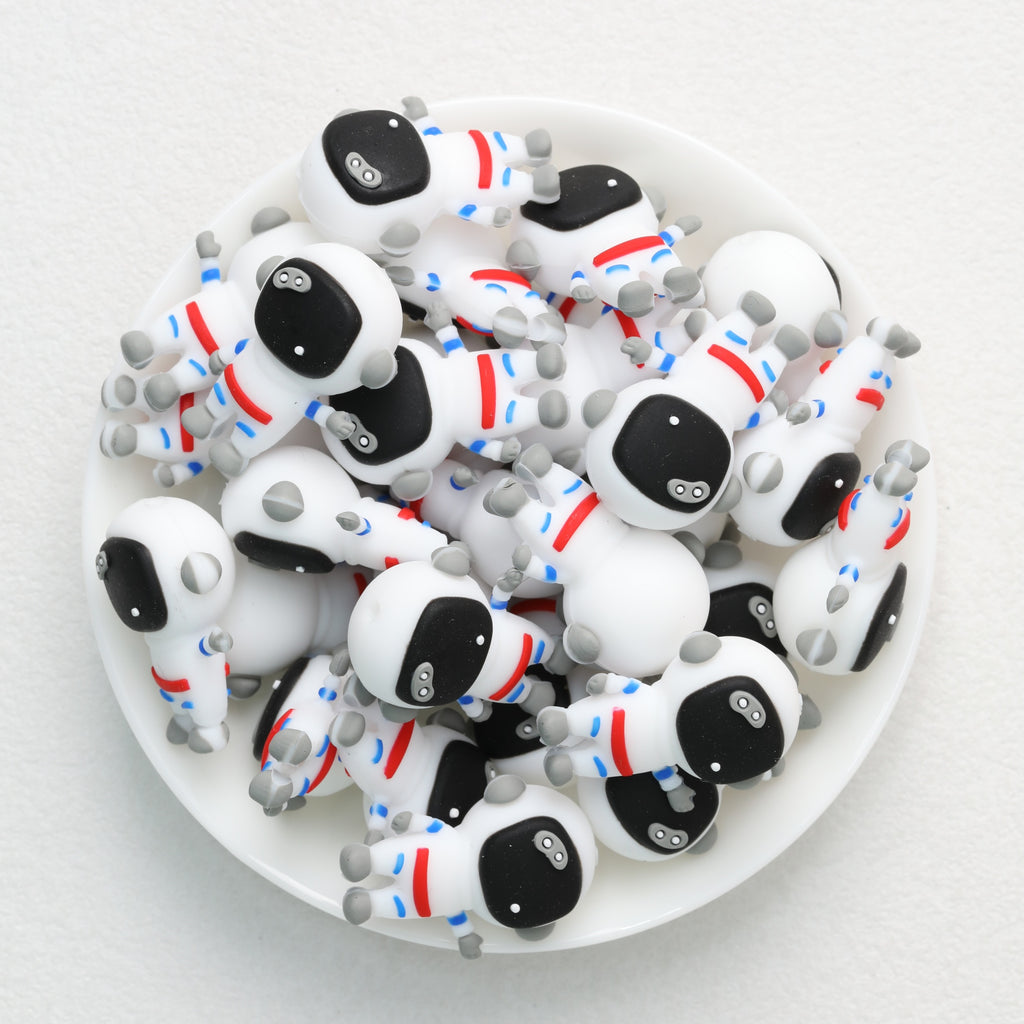 3D Spacesuit Astronaut Silicone Focal Beads Wholesale, Side Profile Front View Black Red Blue Suit