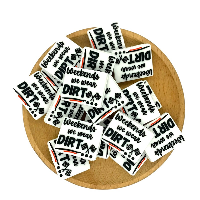 Silicone Focal Beads Weekends We Wear Dirt Checkered Flags Lettering 20pcs 2