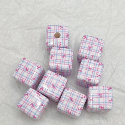 Printed Square Acrylic Beads 14mm Fresh Pink Tone 10pcs 7
