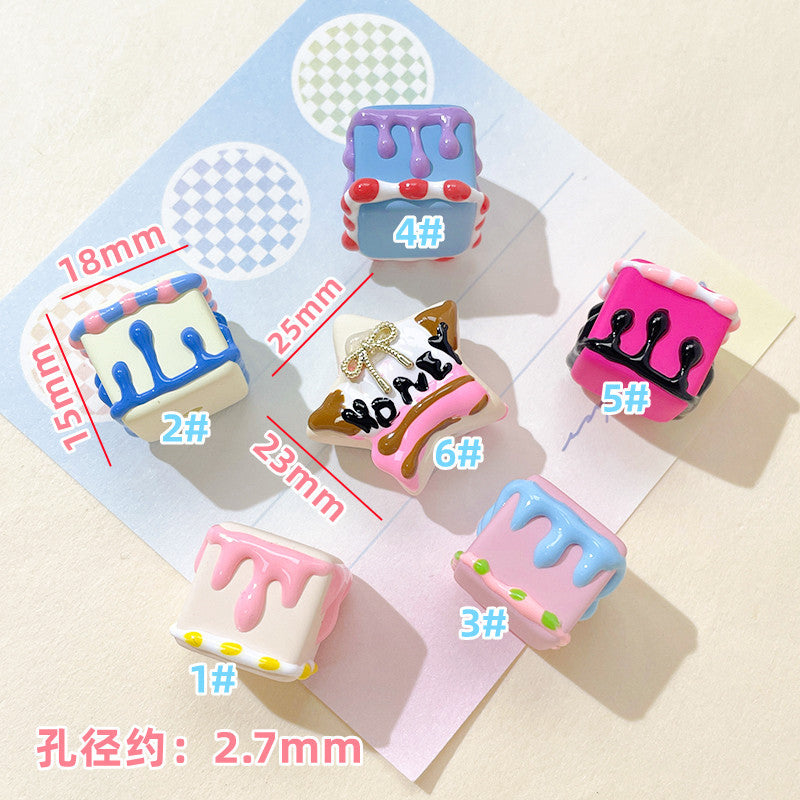 Painted Square Acrylic Beads 2.7mm Hand Drawn Cream Cake Design 3