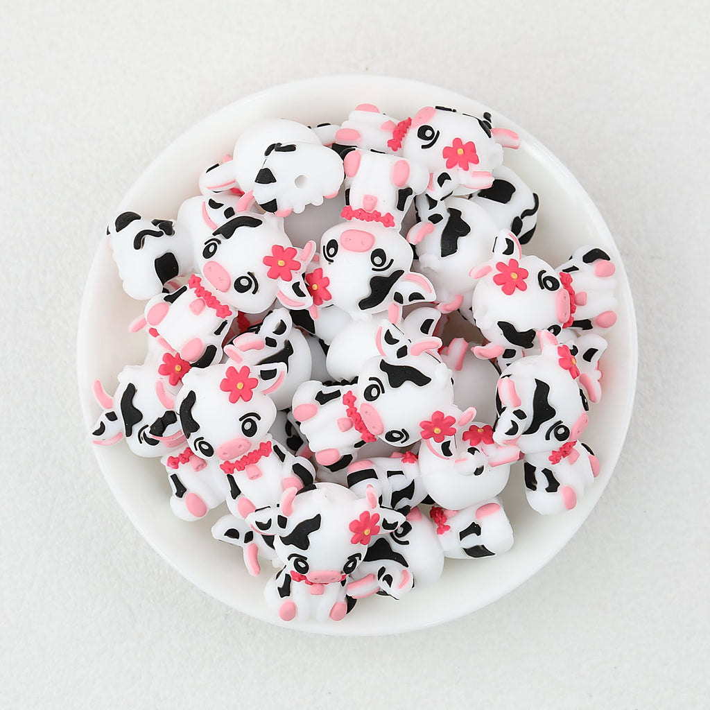 Cute Cow 3D Silicone Focal Beads with Pink Flower 20pcs