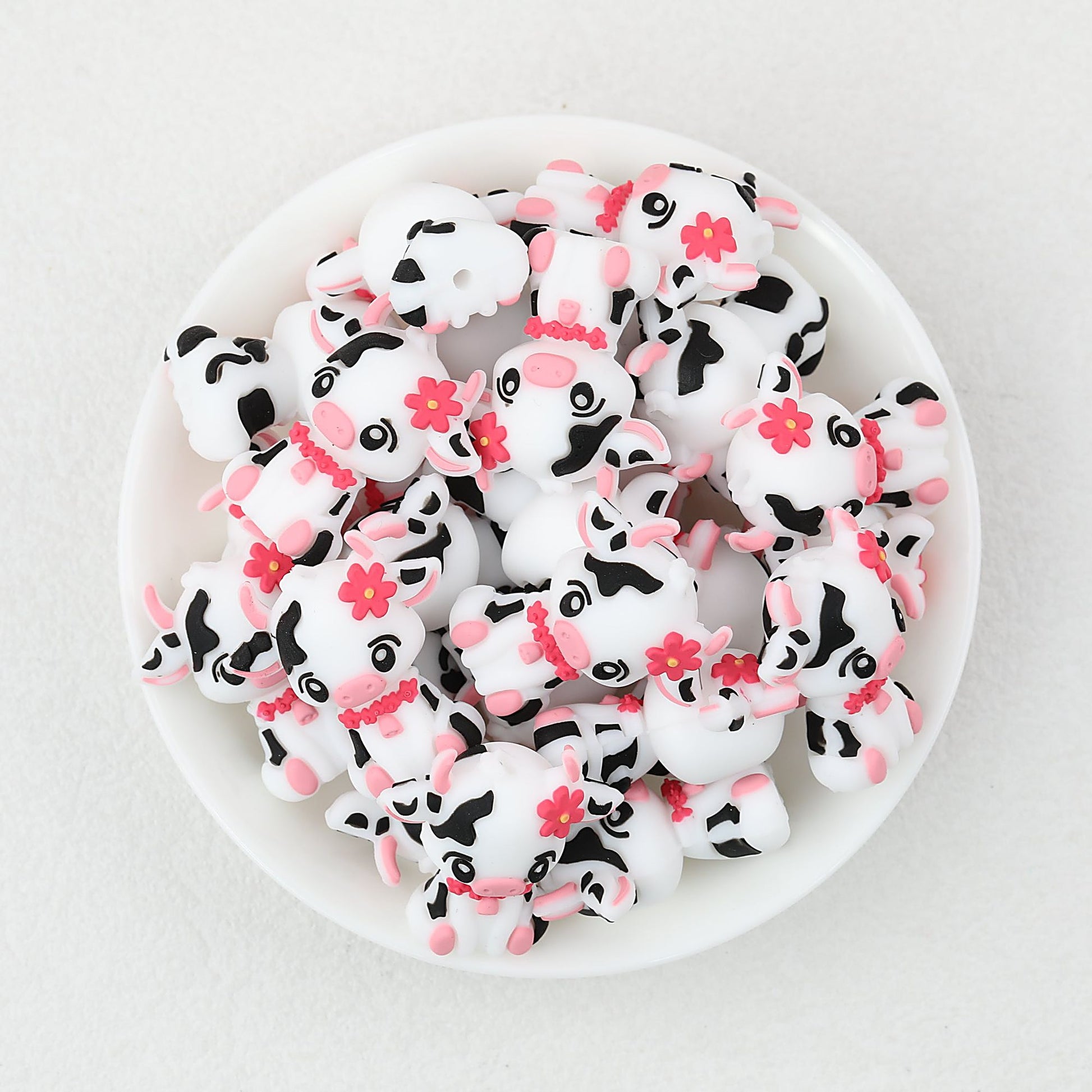 Cute Cow 3D Silicone Focal Beads with Pink Flower 20pcs