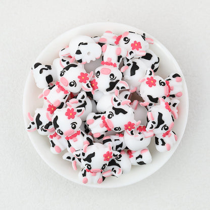 Cute Cow 3D Silicone Focal Beads with Pink Flower 20pcs