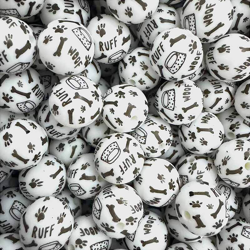 15mm Silicone Beads Wool Ruff Paw Dog Bone Printed 50pcs