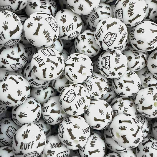 15mm Silicone Beads Wool Ruff Paw Dog Bone Printed 50pcs