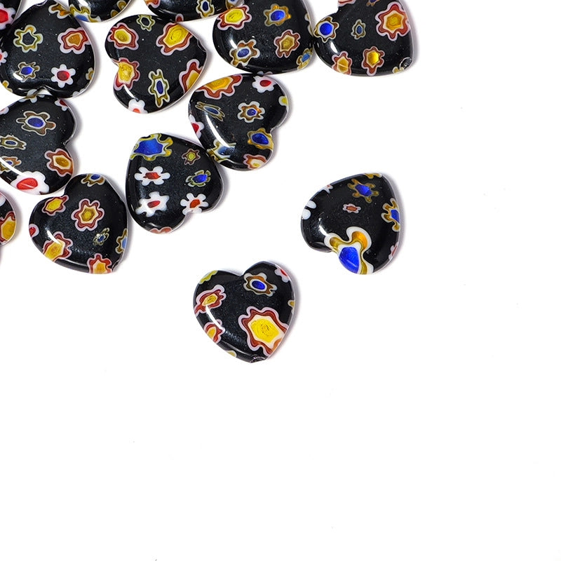 Millefiori Heart Glass Beads 11mm Black Floral Pattern 10pcs 4