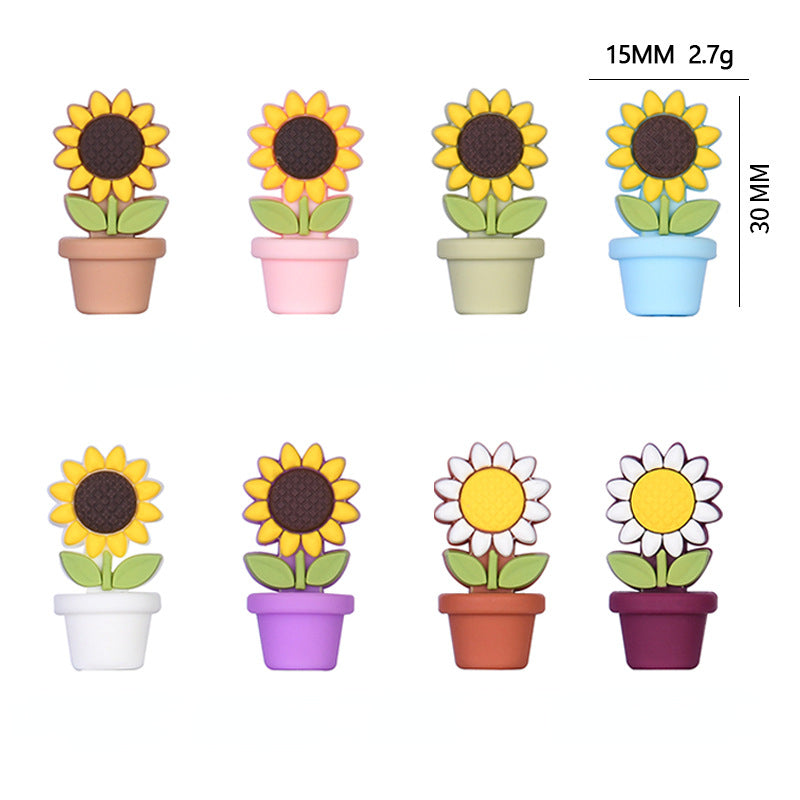 Silicone Focal Beads Sunflower Flowerpot Brown Pot Yellow Flower 20pcs