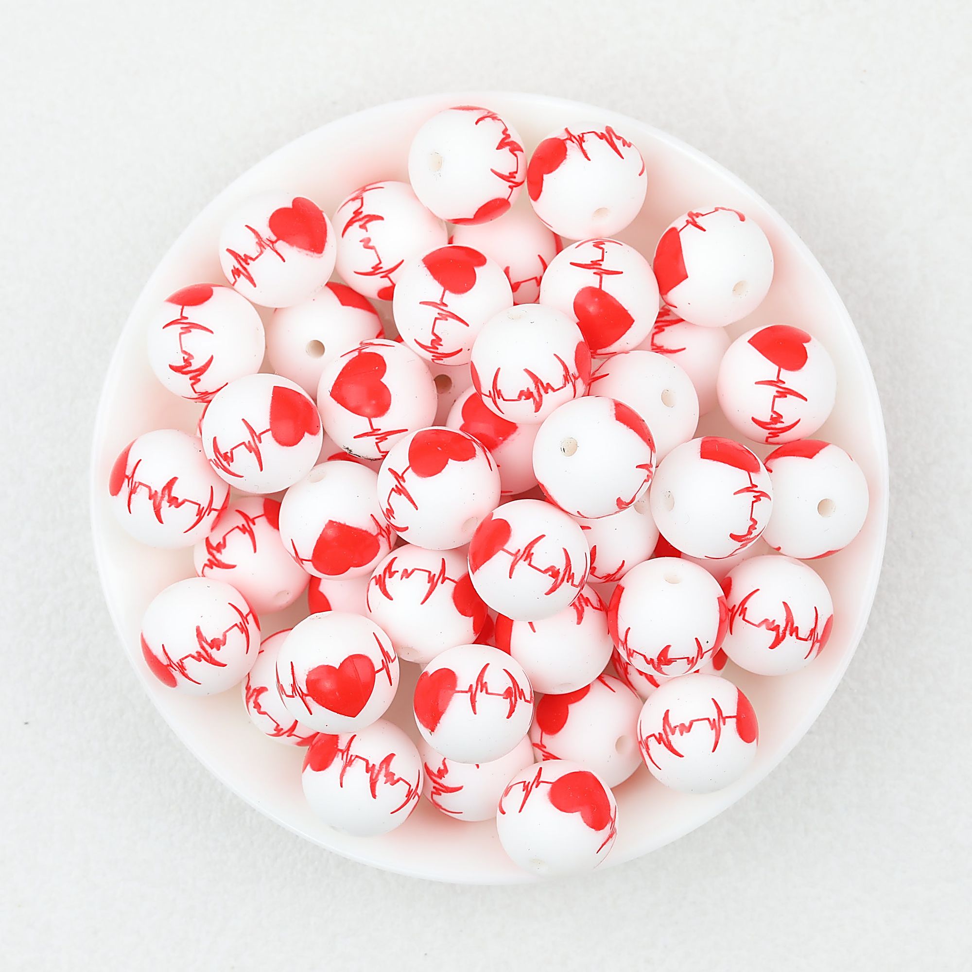 Valentine Theme 15mm Silicone Beads Printed Pattern 50pcs - Heart Pulse