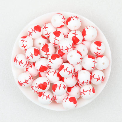 Valentine Theme 15mm Silicone Beads Printed Pattern 50pcs - Heart Pulse