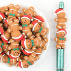 Gingerbread Man 3D Silicone Focal Beads Wholesale, Christmas Cookie Green Bow Design