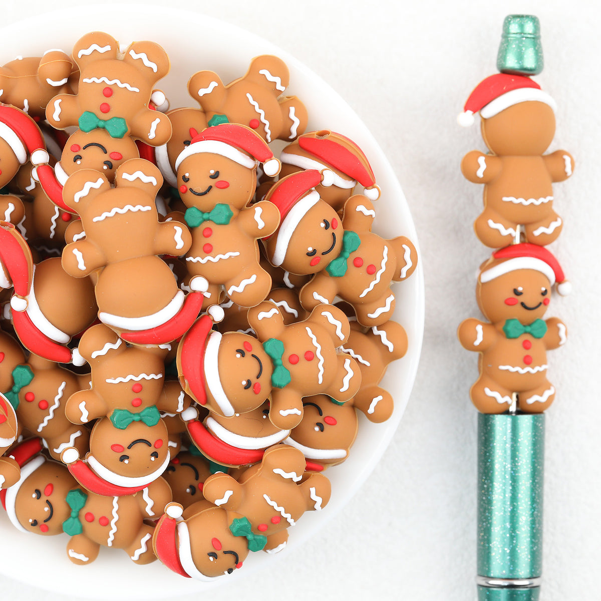 Gingerbread Man 3D Silicone Focal Beads Wholesale, Christmas Cookie Green Bow Design