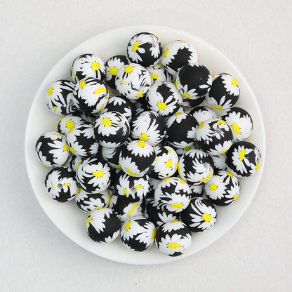 15mm Floral Printed Round Silicone Beads Detailed Design 50pcs - White Chrysanthemum