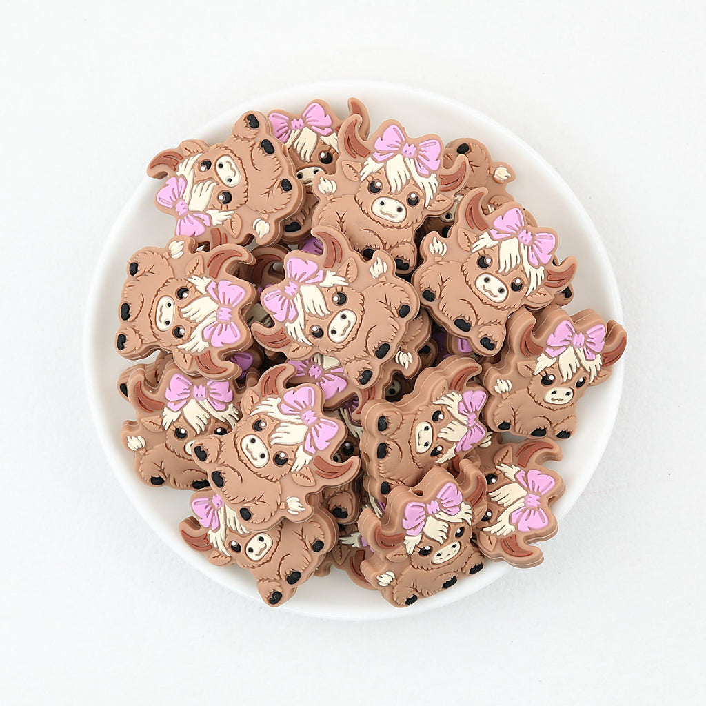 Bow Silicone Focal Beads with Highland Cow Design 20pcs - Purple