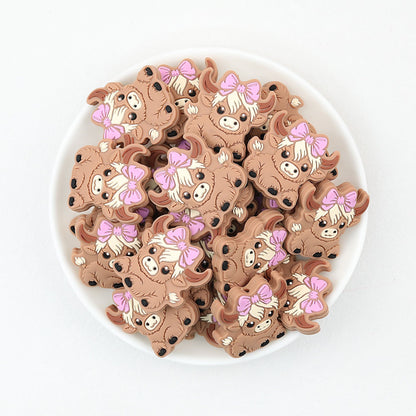 Bow Silicone Focal Beads with Highland Cow Design 20pcs - Purple
