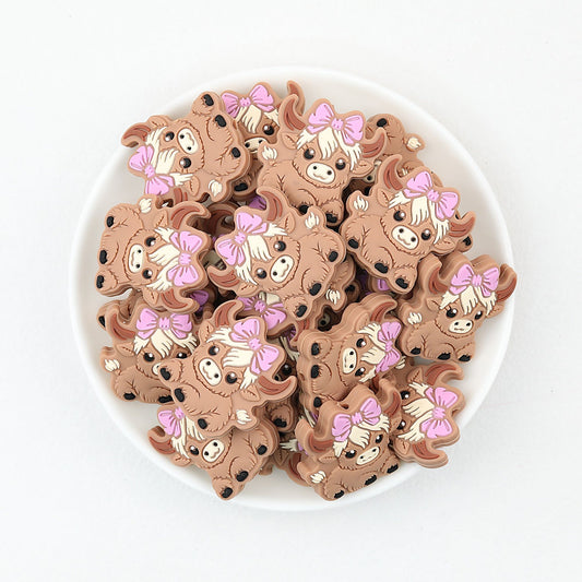 Bow Silicone Focal Beads with Highland Cow Design 20pcs - Purple