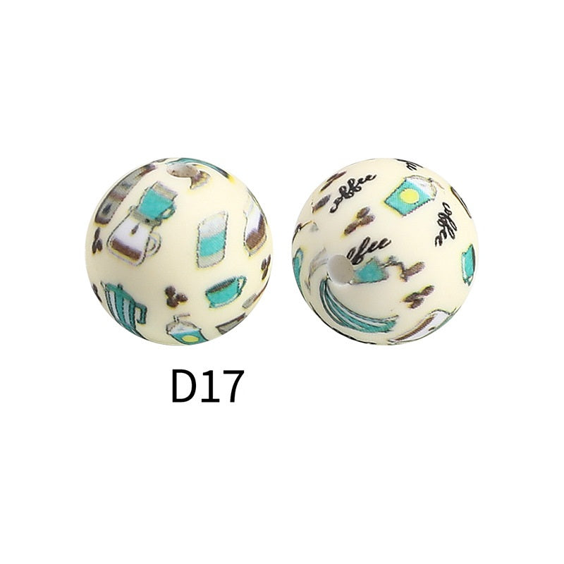 50Pcs 15mm Colored pattern printed silicone beads 19