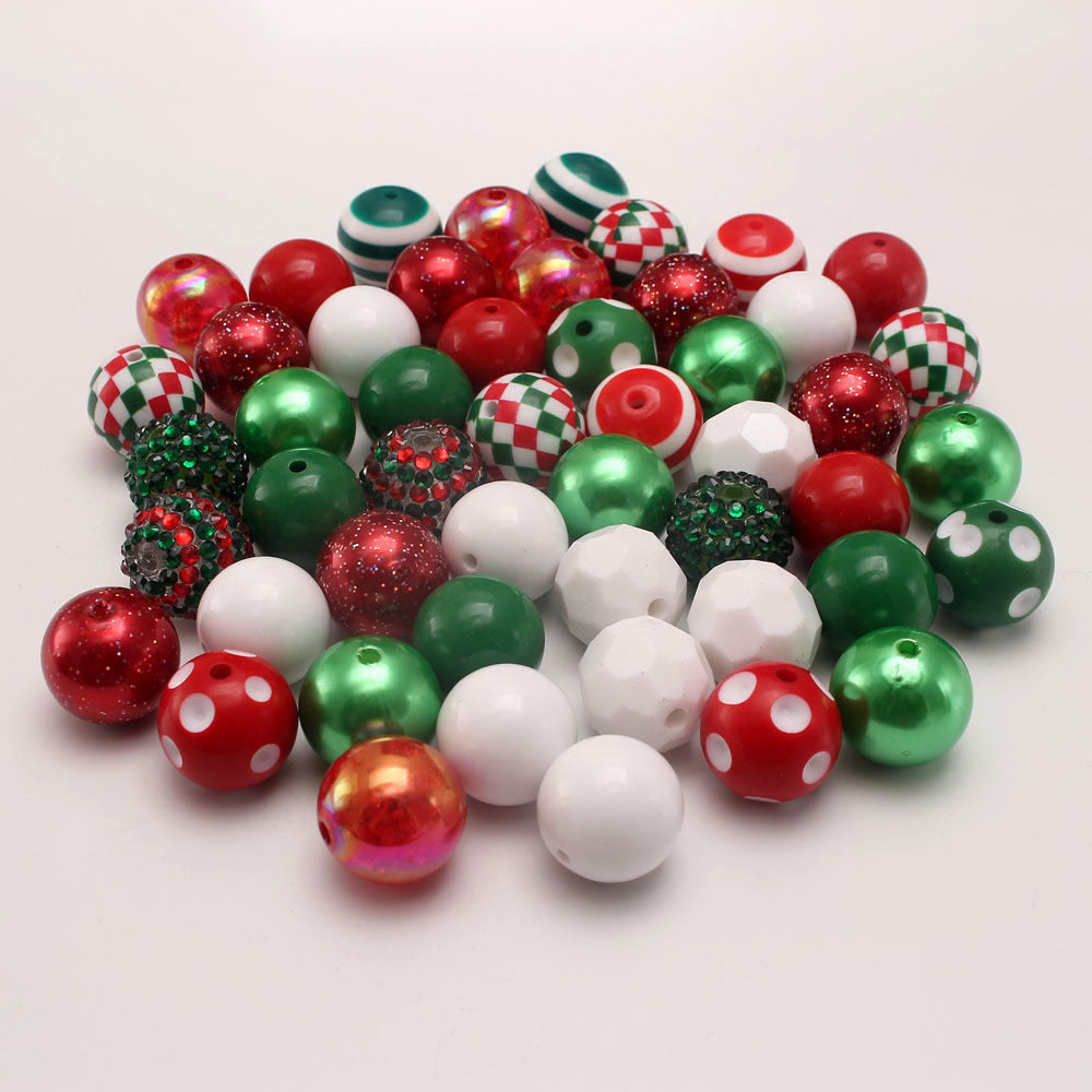 Bubblegum Beads 20mm Red Green White Rhinestone Grid Chunky Mix 50pcs 2