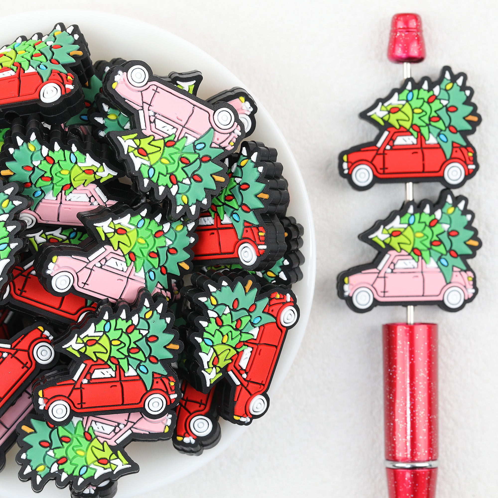 Tree-Topped Car Silicone Focal Beads Wholesale, Christmas Holiday Light Pattern