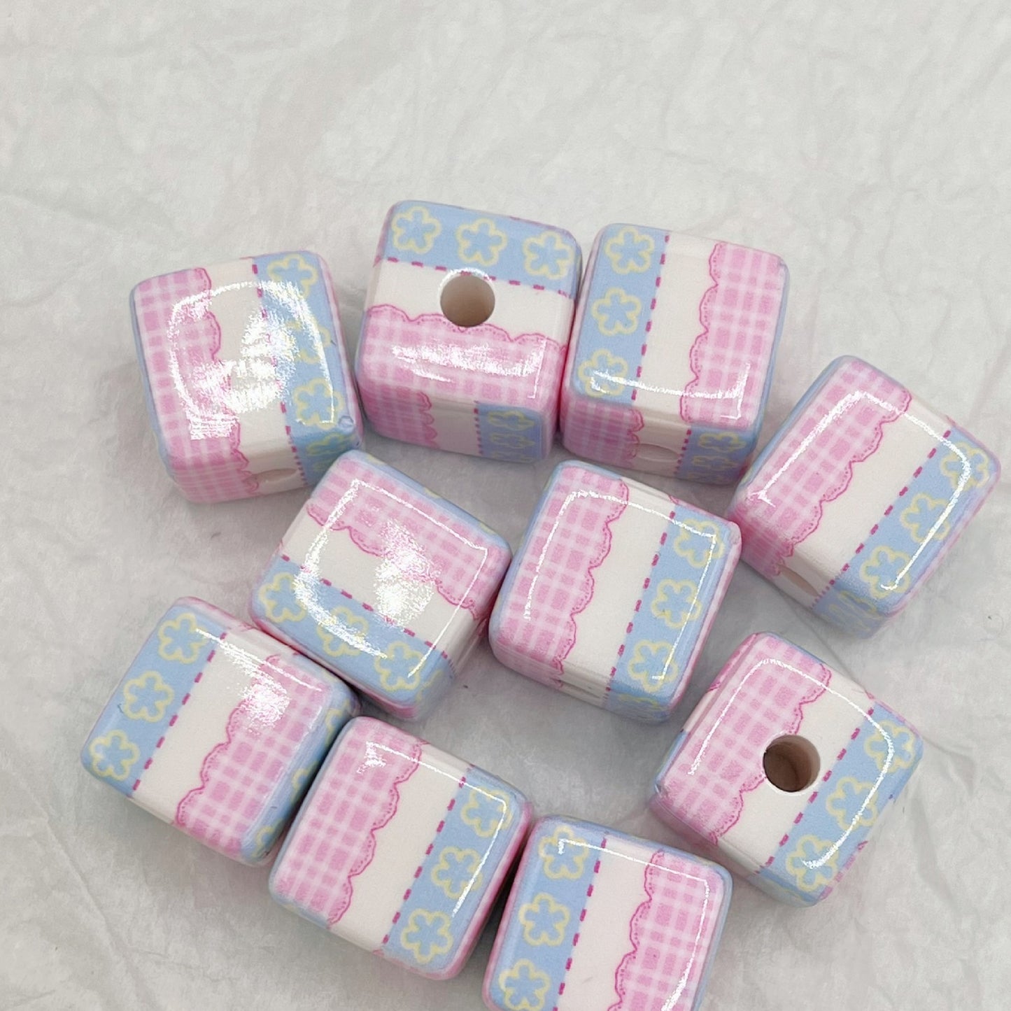 Printed Square Acrylic Beads 14mm Fresh Pink Tone 10pcs 9