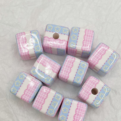 Printed Square Acrylic Beads 14mm Fresh Pink Tone 10pcs 9