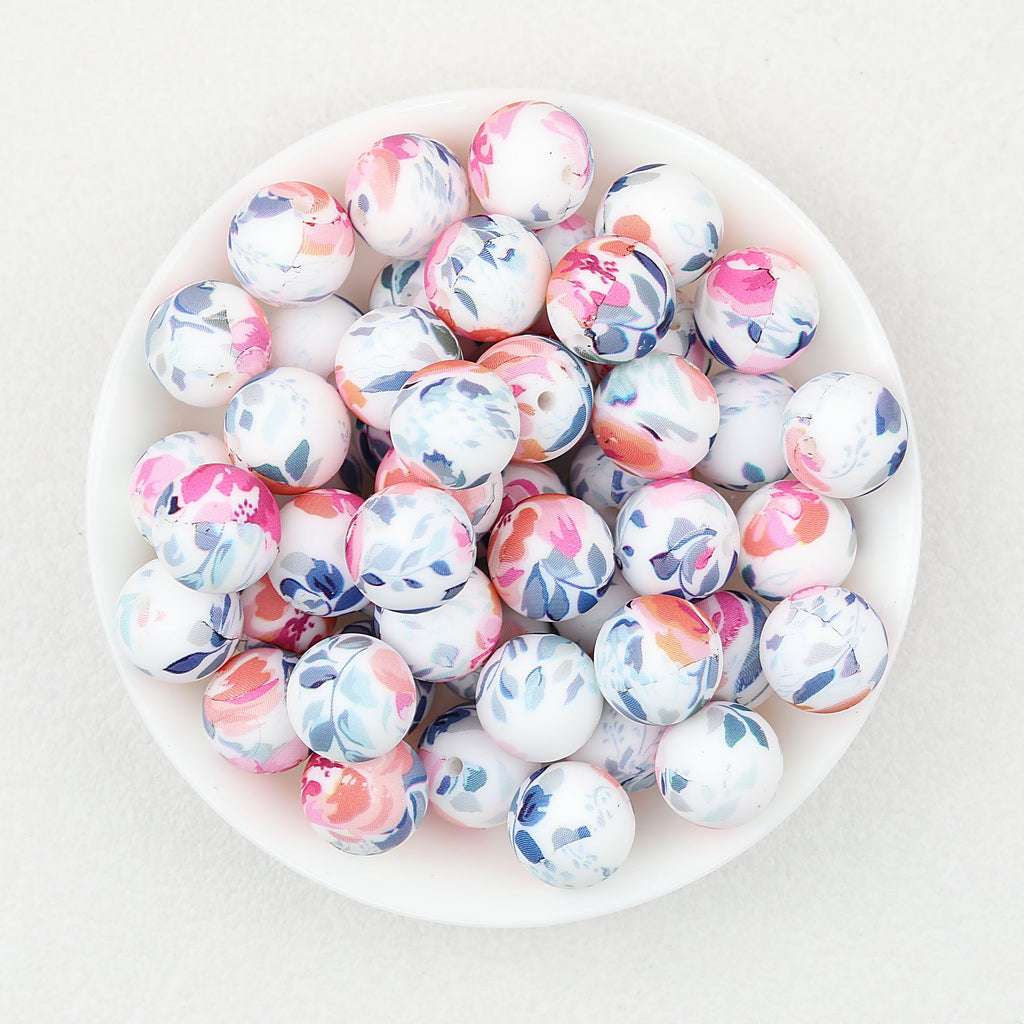 15mm Floral Pattern Silicone Beads Pastel Print 50pcs - Ink Flower