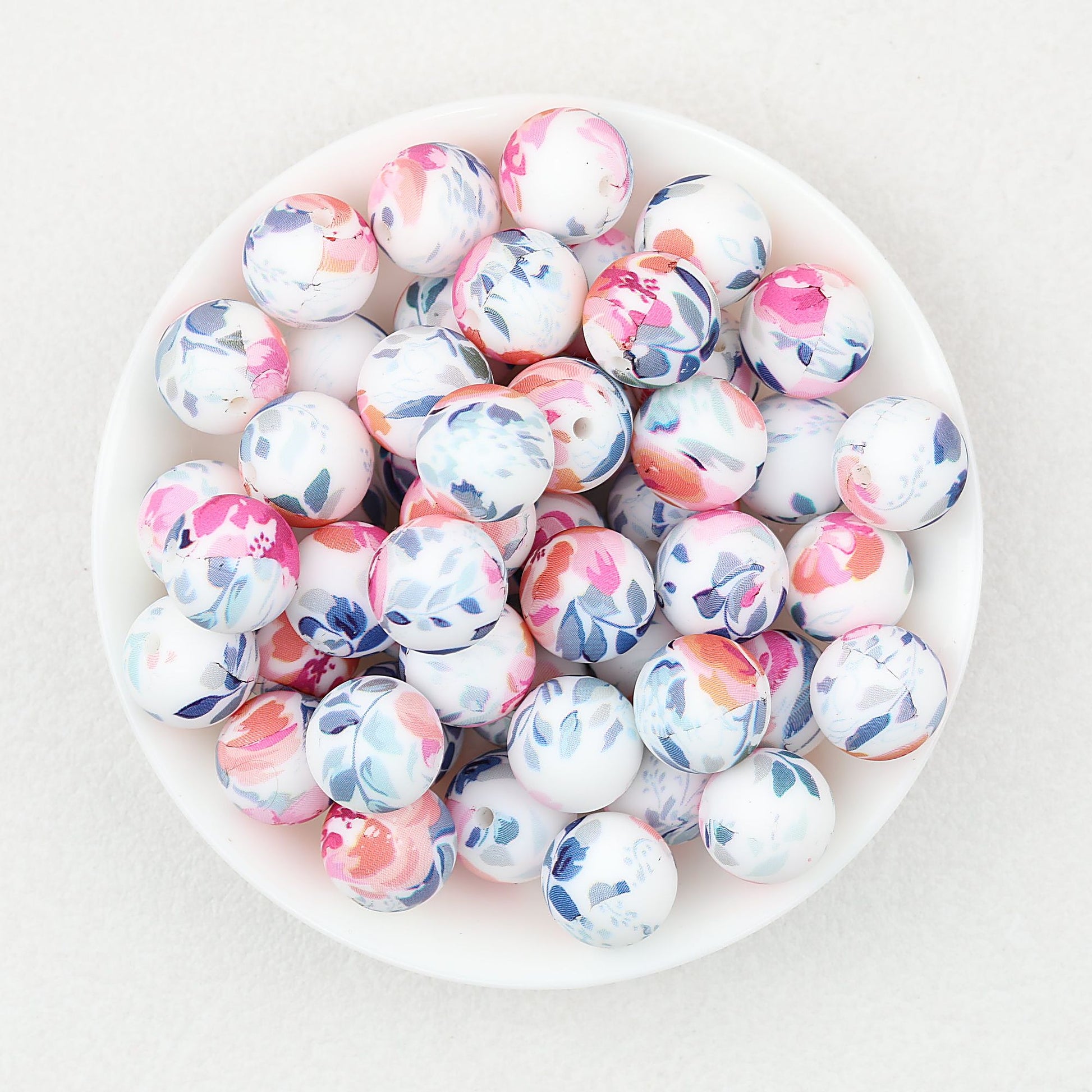 15mm Floral Pattern Silicone Beads Pastel Print 50pcs - Ink Flower