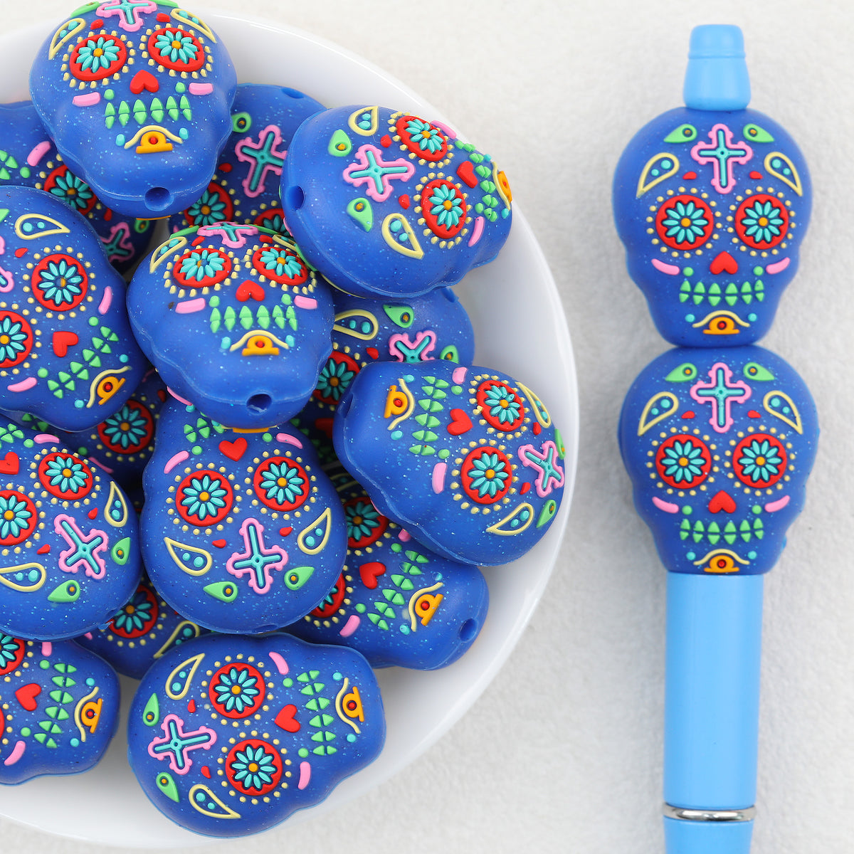3D Sugar Skull Silicone Focal Beads Wholesale, Raised Floral Cross Royal Blue Colorful Details