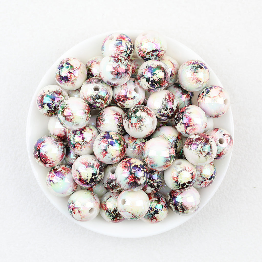 Skull Iridescent Acrylic Beads Wholesale, Halloween Electroplated Round Design, 16mm