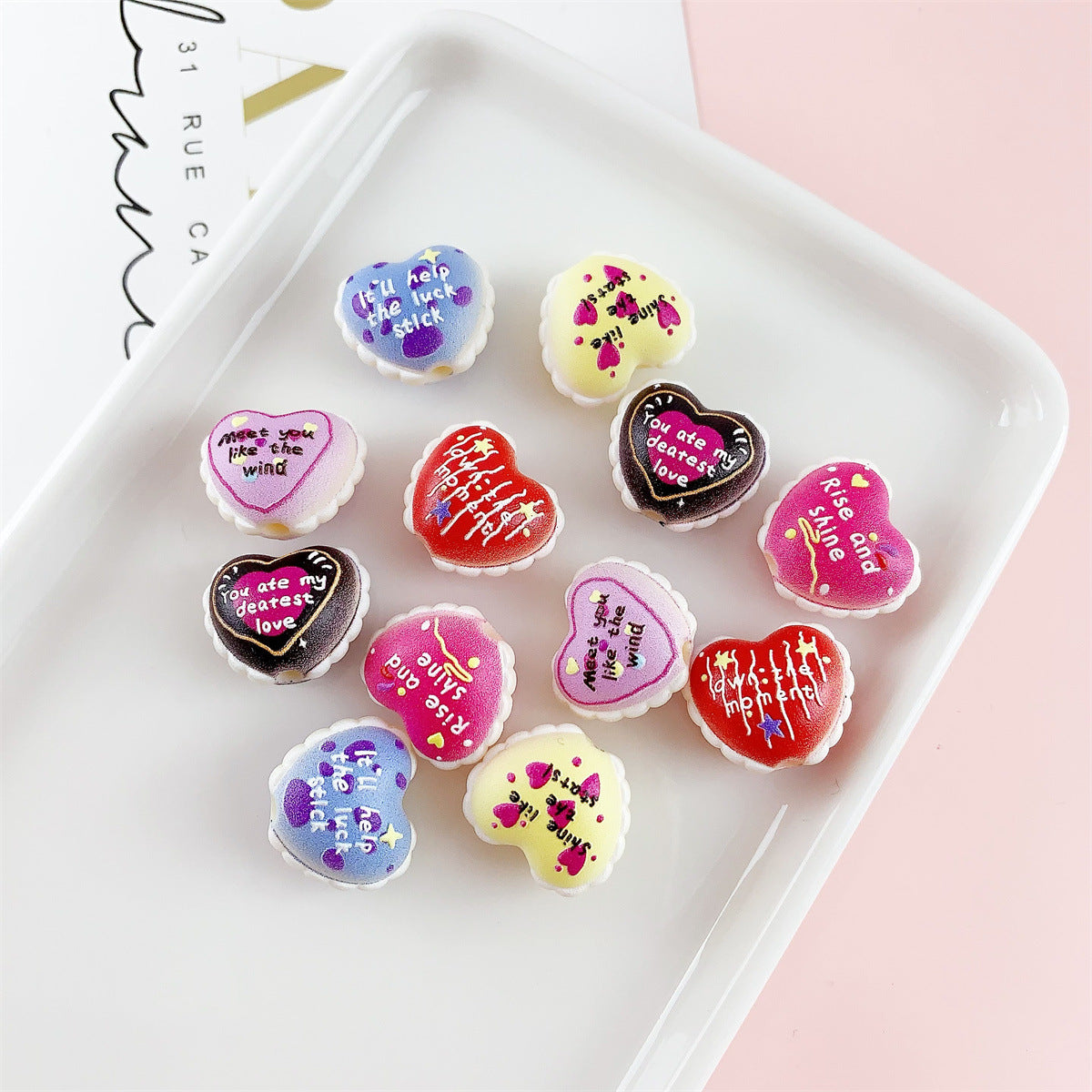 Valentine Heart Acrylic Beads Double-sided Embossed 18x16mm 10pcs 2