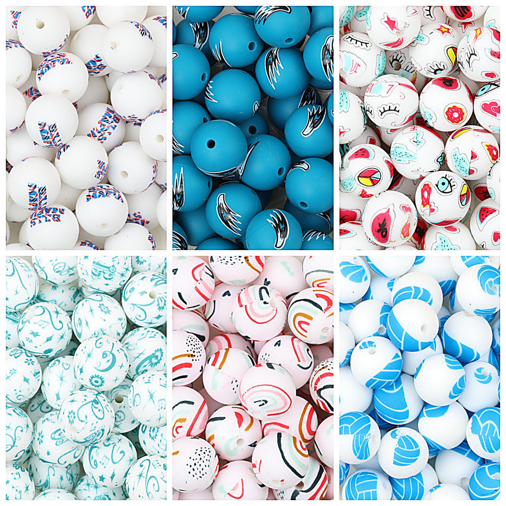 15mm Printed Pattern Silicone Beads Colorful Design 50pcs