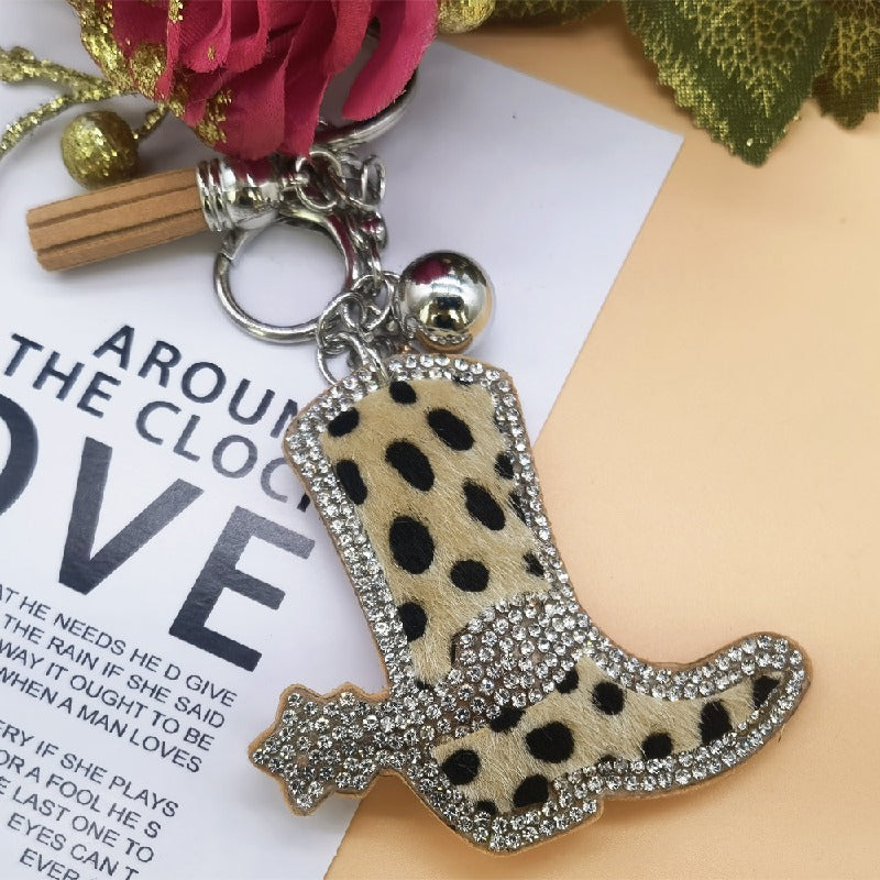 Leopard Print Boot Keychain Alloy Zinc Alloy Rhinestone Faux Fur 7cm 3