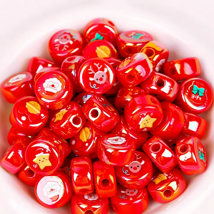 Christmas Printed Flat Round Acrylic Beads 16mm Glossy Red 20pcs