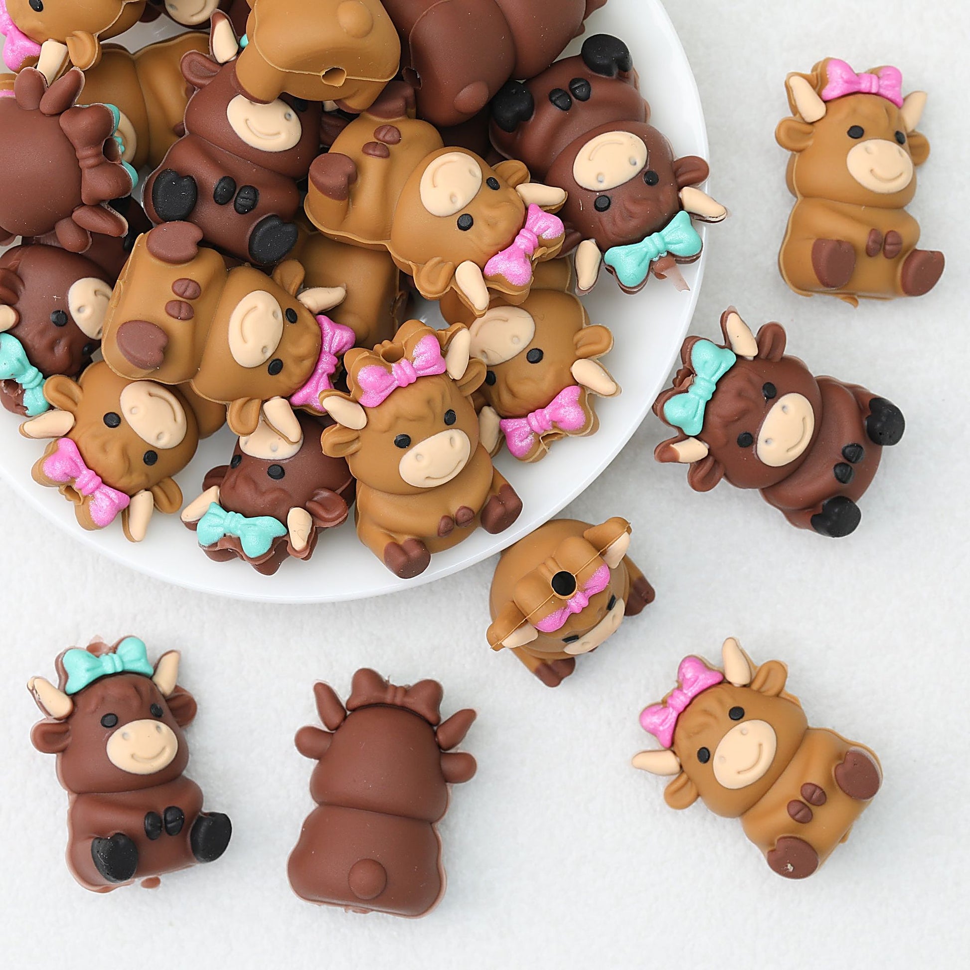 3D Cow Shape Silicone Focal Beads with Bow Pink and Blue 20pcs