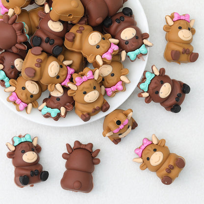 3D Cow Shape Silicone Focal Beads with Bow Pink and Blue 20pcs