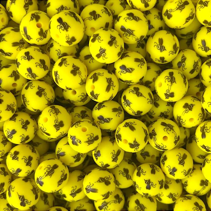 15mm Silicone Beads Bees Print Orange Yellow White 50pcs 2