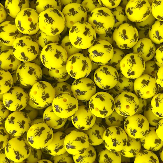 15mm Silicone Beads Bees Print Orange Yellow White 50pcs 2