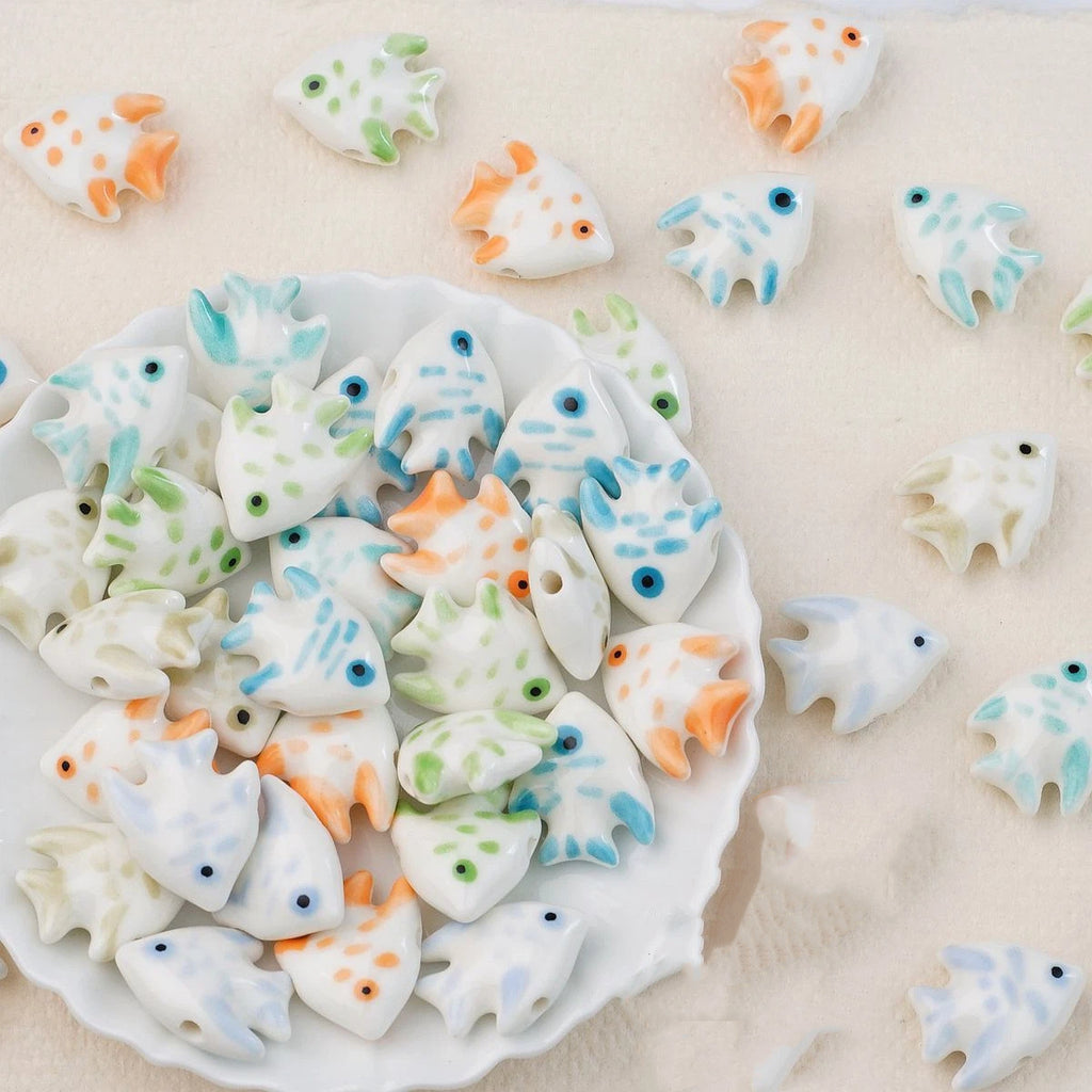 Hand Painted Fish Ceramic Beads 20mm Glossy Tropical 2pcs