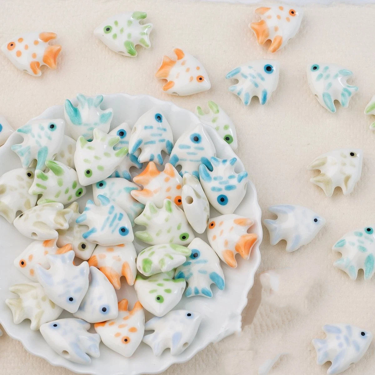 Hand Painted Fish Ceramic Beads 20mm Glossy Tropical 2pcs