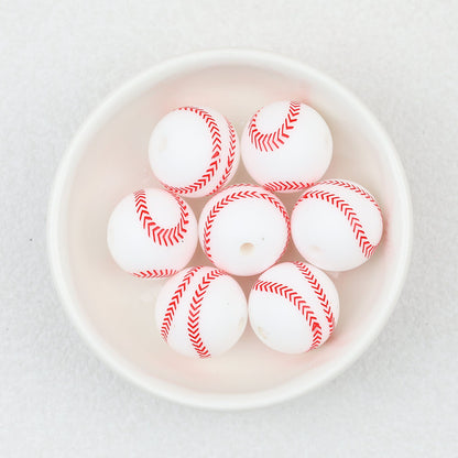 15mm Silicone Beads Sports Ball Printed Soccer Football Volleyball 10pcs - 15mm White baseball beads