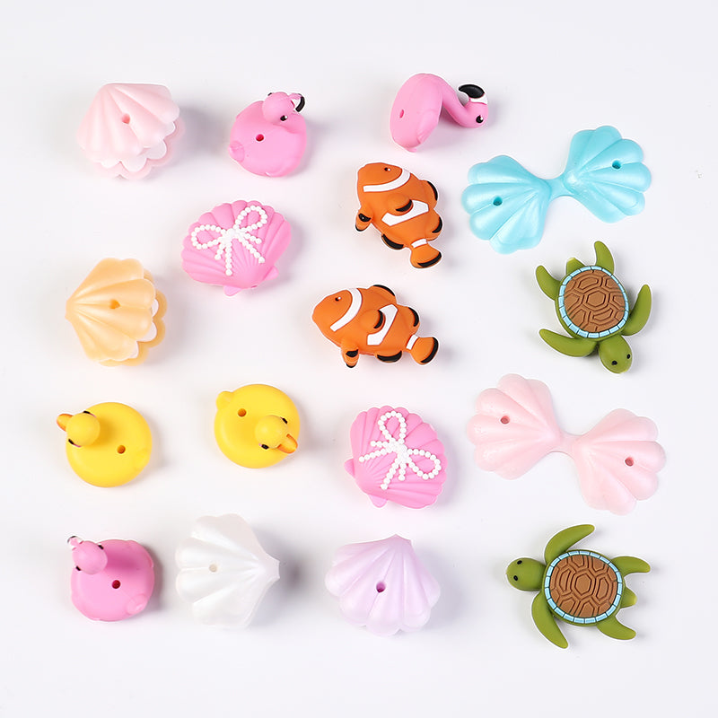 3D Summer Ocean Silicone Focal Beads Turtle Clownfish Seashell 20pcs 3