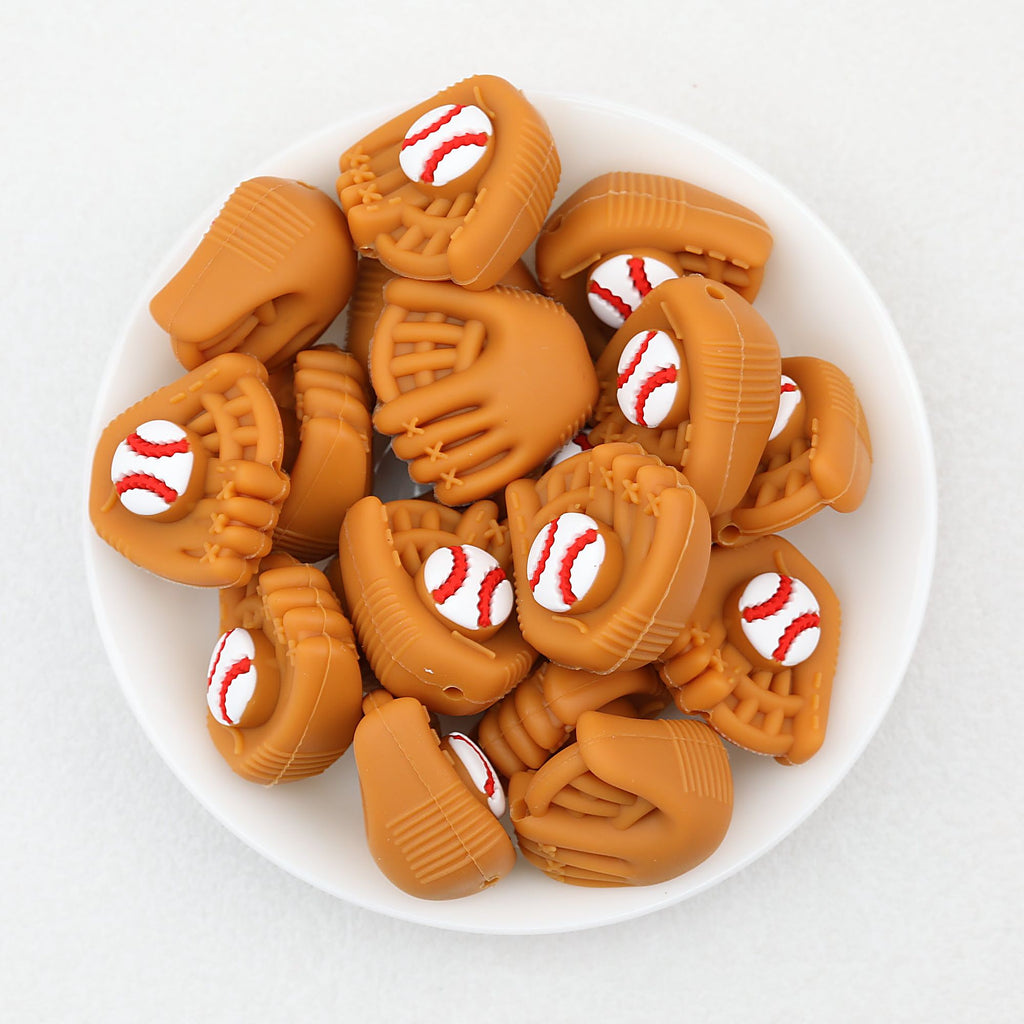 3D Brown Baseball Glove Silicone Focal Beads with Baseball 20pcs