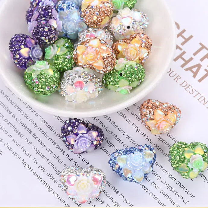 Rhinestone Heart Clay Beads 23mm Peach Blossoming Rose 10pcs