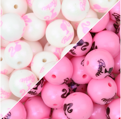 15mm Pink Barbie Print Round Silicone Beads 50pcs