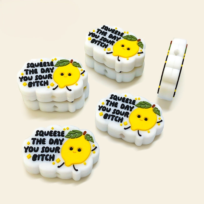 Silicone Focal Beads Lemon Character With Squeeze The Day Text 20pcs