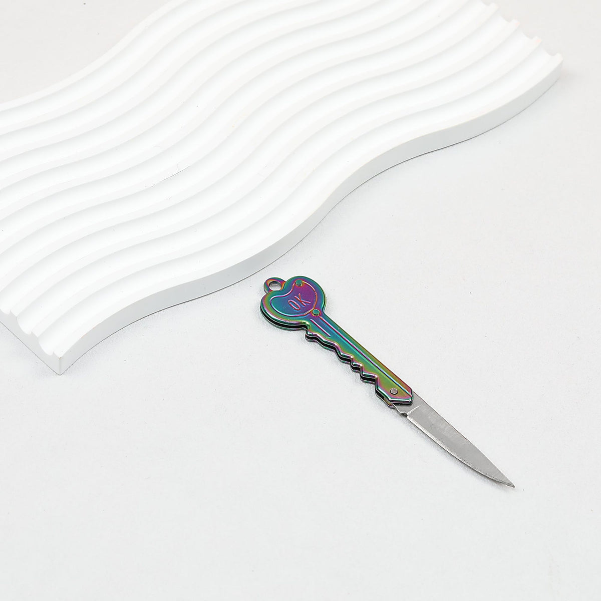 Mini Folding Self Defense Keychain Stainless Steel Key Shape 2pcs - iridescent