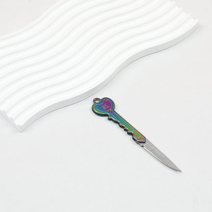 Mini Folding Self Defense Keychain Stainless Steel Key Shape 2pcs - iridescent